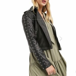 Lab London Black Leather Moto Biker Jacket  Lattice Sleeve Size Medium